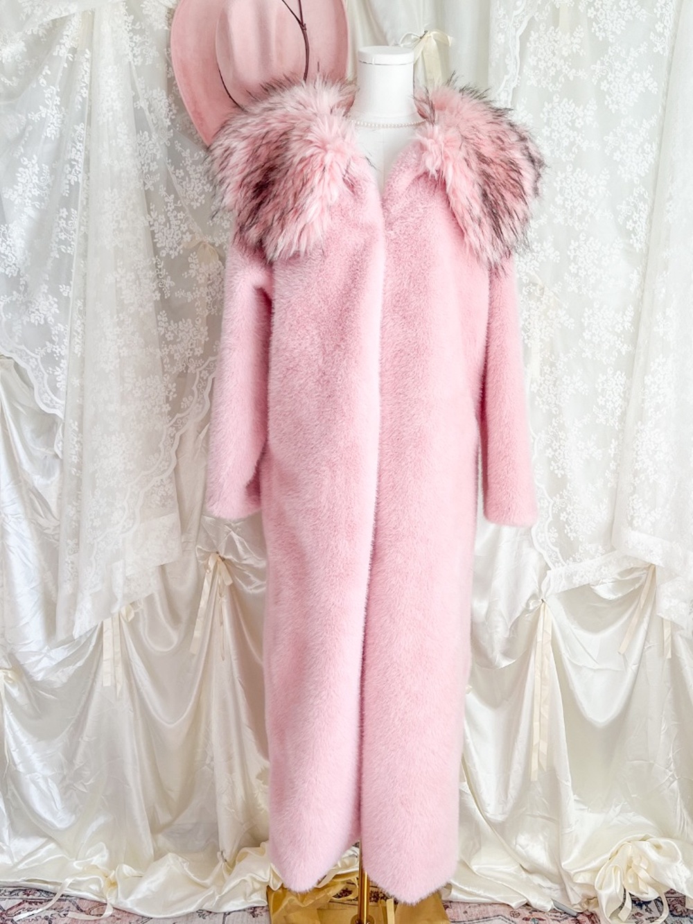 Pink Faux Fur Long Coat with Statement Collar – Coquette Glam Princess Jacket (F - Picture 12 of 14